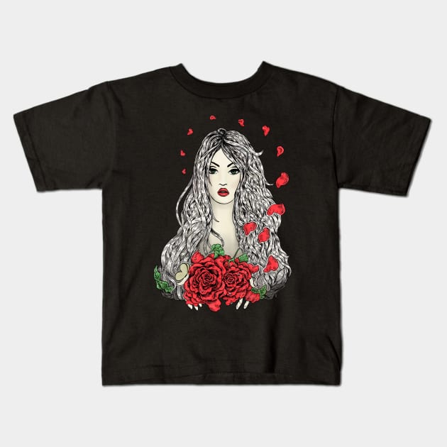 Flying rose petals Kids T-Shirt by eugeniahauss